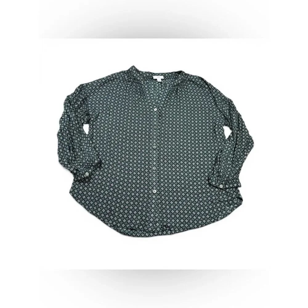 J.Jill V-Neck Button Down Up Shirt Diamond Print Relaxed Fit Long Sleeve Top M
